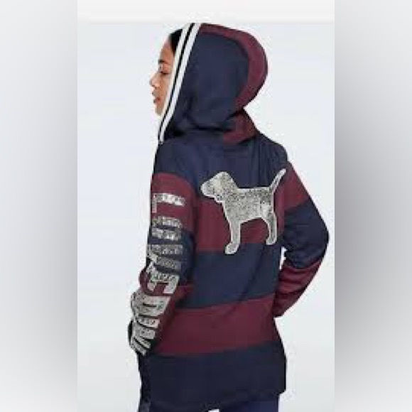 PINK Victoria's Secret Striped Dog Hoodie - Navy & Burgundy - Picture 3 of 5